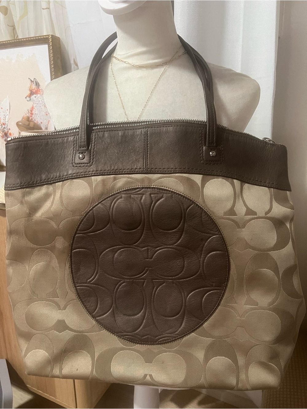 COACH Laura Signature Logo Tote Bag Sateen Leather Khaki Brown F18335